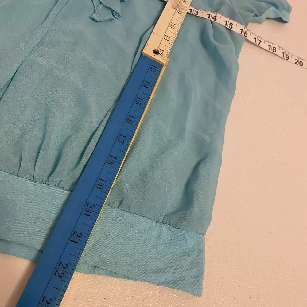 Vintage Y2K AquaBlue Layered Blouse Chiffon Ruffles PuffSleeve Bow Mermaidcore S - Picture 2 of 6